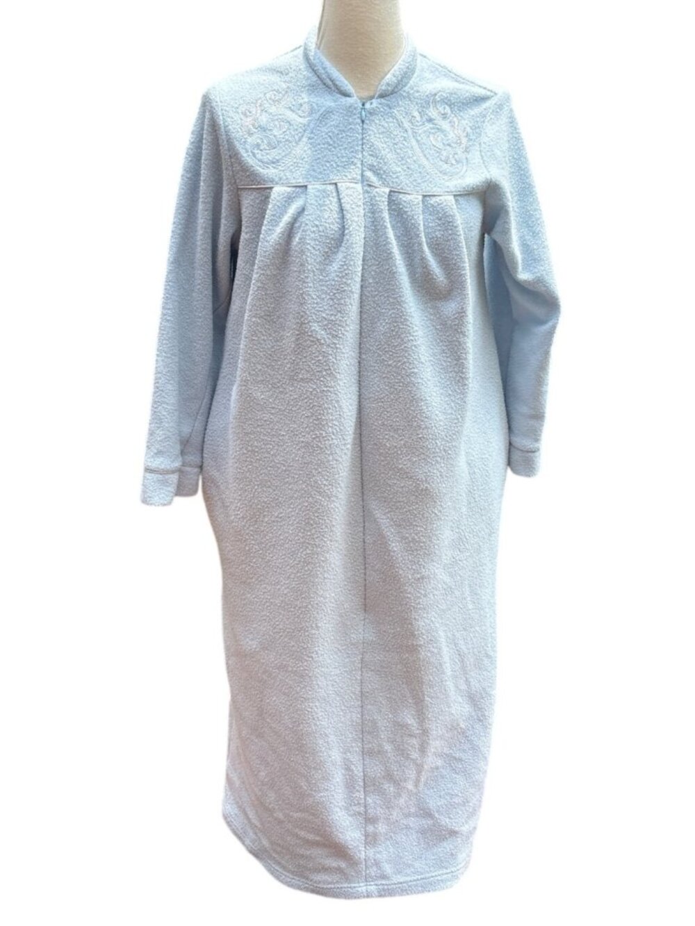 Vintage Elaine Blue Long Sleeve Embroidered Zip-Up Fleece Robe Size Small
